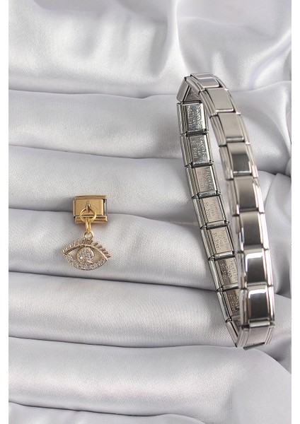 316L Çelik Gold Renk Sallantı Zirkon Taşlı Göz Model Nomination Charm