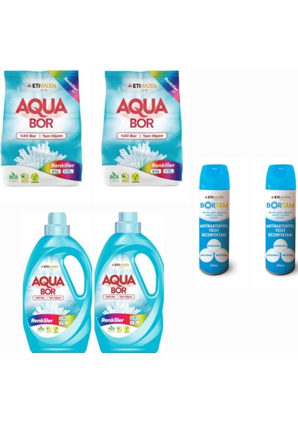 Doğal Çamaşır Deterjanı Aquabor Renkliler İçin Toz ve Sıvı Form 146 Yıkama+ Bortam Dezenfektan