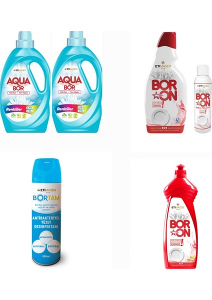 Doğal Mineralli Aquabor Sıvı Deterjan Renkliler İçin 66 Yıkama+ Bulaşık Deterjanı+ Bortam Dezenfektan