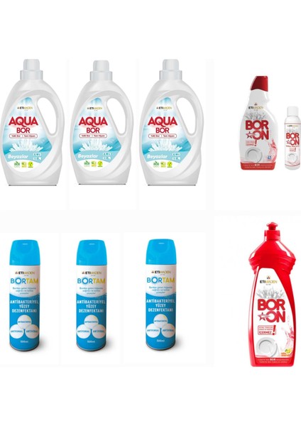 Aquabor Sıvı Deterjan Beyazlar İçin 99 Yıkama+ Bulaşık Deterjanı Elde ve Makinede + 3 Adet Bortam Dezenfektan