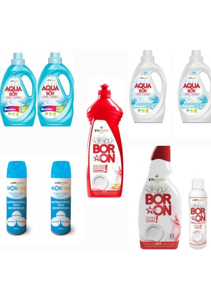 Aquabor Sıvı Deterjanı Renkli ve Beyazlar İçin 132 Yıkama+ Bulaşık Deterjanı Elde ve Makinede + 2 Adet Bortam Dezenfektan