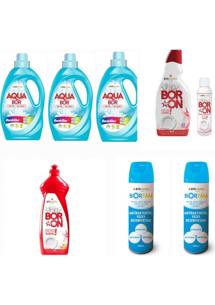 Doğal Mineralli Aquabor Sıvı Deterjan Renkliler İçin 99 Yıkama+ Bulaşık Deterjanı+ 2 Adet Bortam Dezenfektan
