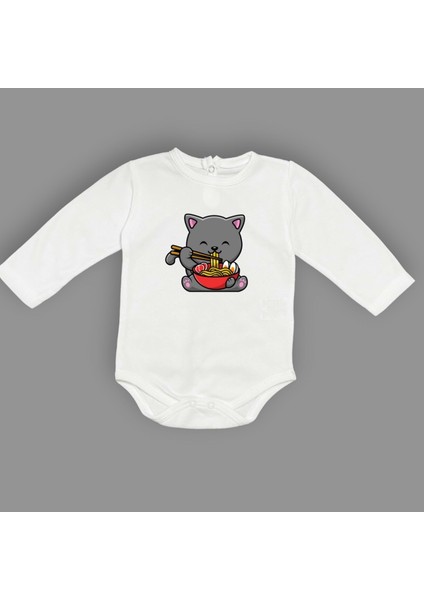Yemek Yiyen Kedi Baskılı Bebek Çıtçıtlı Body Uzun Kısa Kolsuz M00690