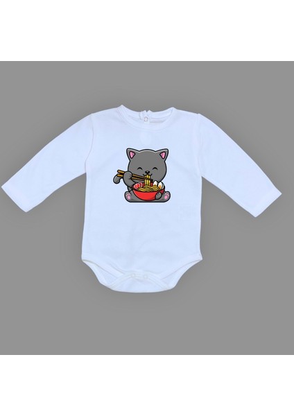 Yemek Yiyen Kedi Baskılı Bebek Çıtçıtlı Body Uzun Kısa Kolsuz M00690
