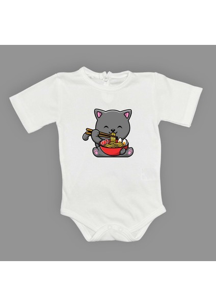 Yemek Yiyen Kedi Baskılı Bebek Çıtçıtlı Body Uzun Kısa Kolsuz M00690