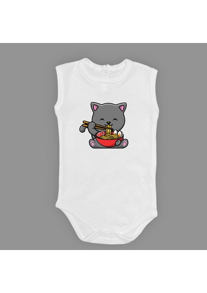 Yemek Yiyen Kedi Baskılı Bebek Çıtçıtlı Body Uzun Kısa Kolsuz M00690