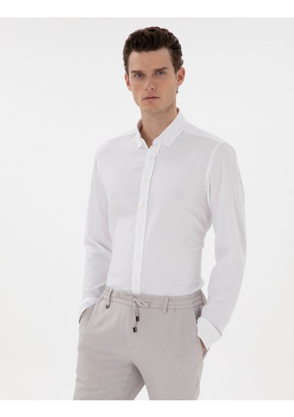 Erkek Beyaz Slim Fit Çizgili Uzun Kollu Gömlek 50301583-VR013