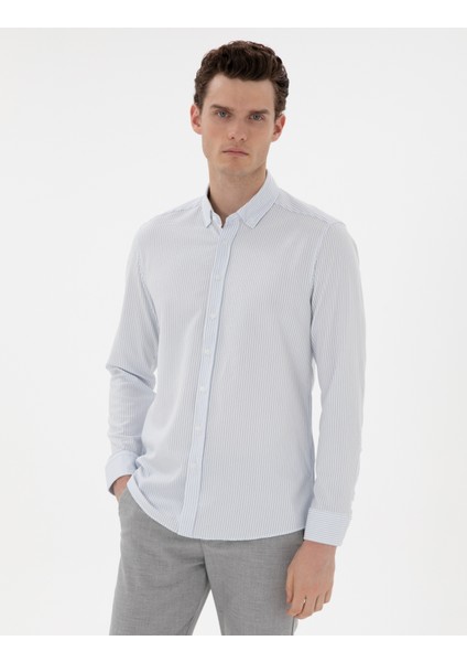 Erkek Açık Mavi Slim Fit Çizgili Uzun Kollu Gömlek 50301583-VR003