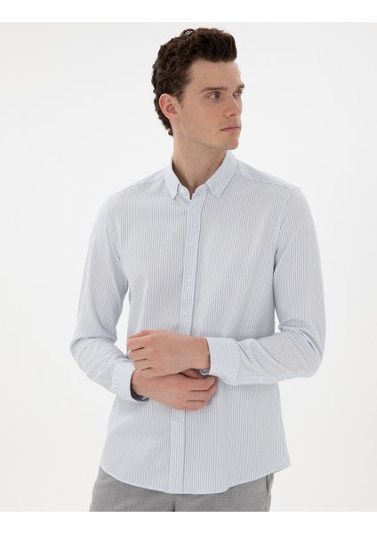 Erkek Açık Mavi Slim Fit Çizgili Uzun Kollu Gömlek 50301583-VR003