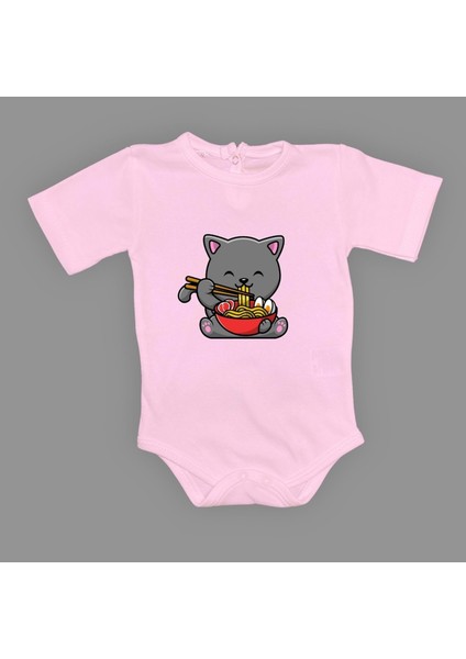 Yemek Yiyen Kedi Baskılı Bebek Çıtçıtlı Body Uzun Kısa Kolsuz M00690