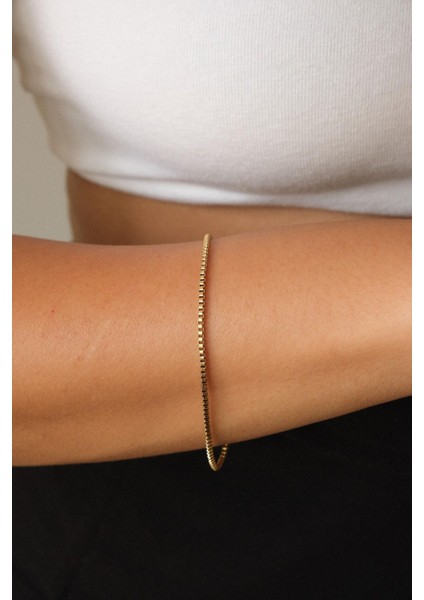 Çelik Kutu Kare Zincir Bileklik Ince Box Küba Zincir 1mm Zarif Minimal 18CM&21CM