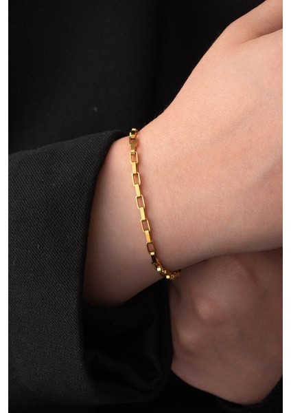 By Florya Jewelry Çelik Dikdörtgen Zincir Bileklik Kararmaz 3 mm 18 cm-21 cm