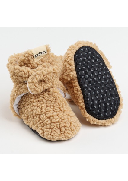 Kaydırmaz Tabanlı Bebek Pandufu – Peluş ve Terletmez Organik Pamuk Astarlı Bej Panduf