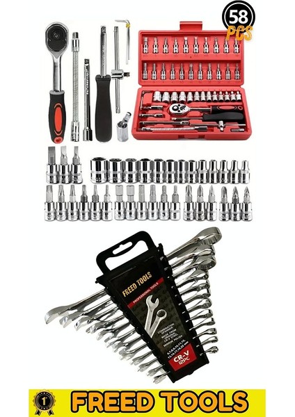 58 Parça 46 Mini Lokma Takımı Otomatik Cırcırlı 1/4" 12 Parça Kombine Açık Ağız-Yıldız Anahtar Takım