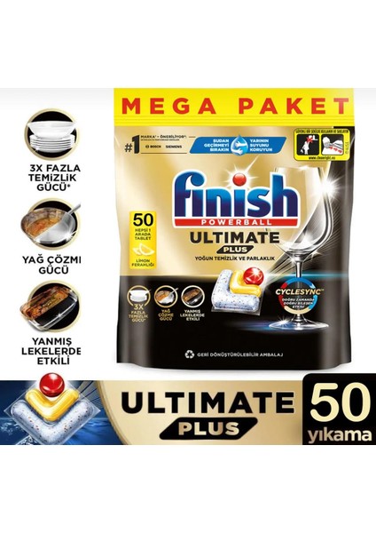 Ultimate Plus Hepsi Bir Arada Limon Ferahlığı 50 Kapsül Bulaşık Makinesi Deterjanı Tableti