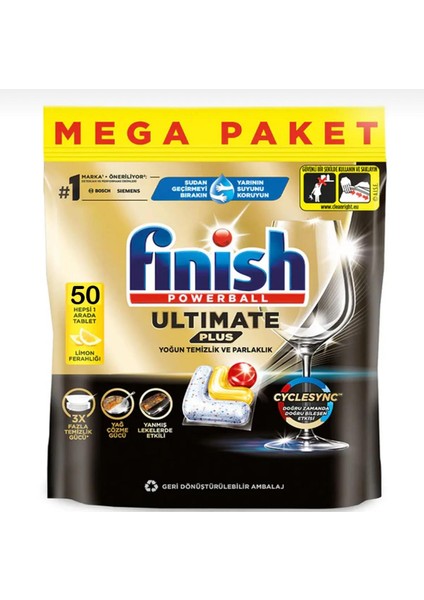 Ultimate Plus Hepsi Bir Arada Limon Ferahlığı 50 Kapsül Bulaşık Makinesi Deterjanı Tableti