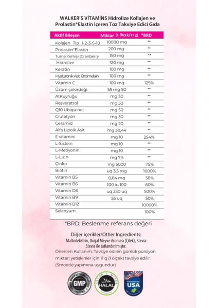 Walker`s %100 Saf ve Doğal Ceramide, Elastin, Cranberry, Içeren Çift Hidrolize Kolajen - Collagen