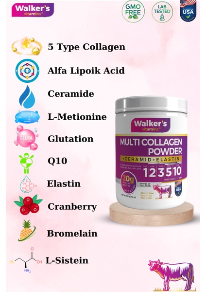 Walker`s %100 Saf ve Doğal Ceramide, Elastin, Cranberry, Içeren Çift Hidrolize Kolajen - Collagen