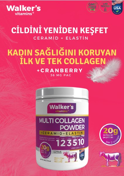 Walker`s %100 Saf ve Doğal Ceramide, Elastin, Cranberry, Içeren Çift Hidrolize Kolajen - Collagen