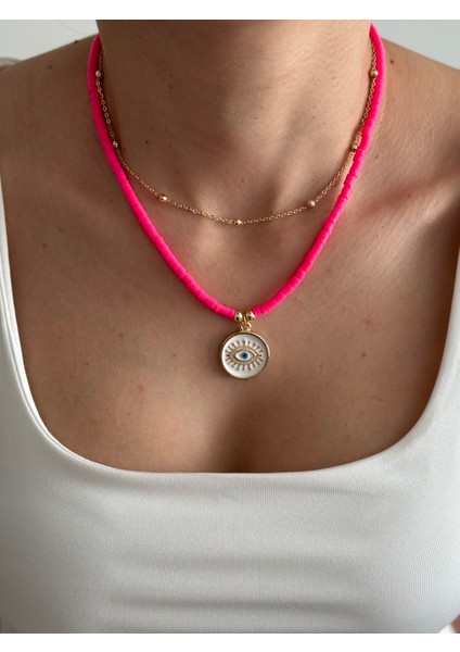 Fuşya Pembe Fimo Kolye ve Top Zincir Kolye | Göz Kolye | Ikili Kolye | Yazlık Kombin Kolye