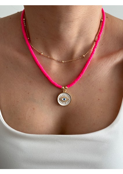Fuşya Pembe Fimo Kolye ve Top Zincir Kolye | Göz Kolye | Ikili Kolye | Yazlık Kombin Kolye