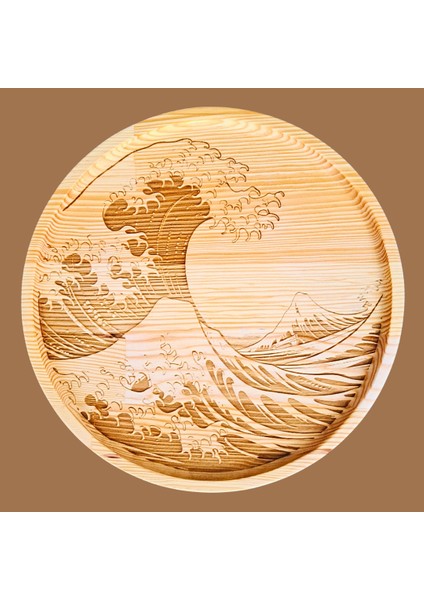 The Great Wave Off Kanagawa Desenli Ahşap Yuvarlak Dekoratif Tabak