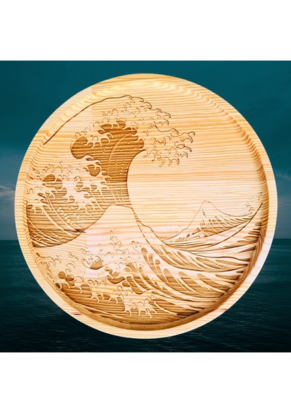 The Great Wave Off Kanagawa Desenli Ahşap Yuvarlak Dekoratif Tabak
