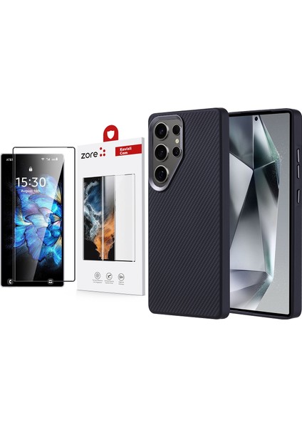 Galaxy S25 Ultra Kılıf Magsafe Şarj Özellikli Karbon Fiber Görünümlü Zore Troy Kapak + Zore Dias Cam Ekran Koruyucu