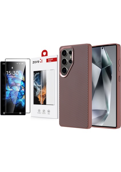 Galaxy S25 Ultra Kılıf Magsafe Şarj Özellikli Karbon Fiber Görünümlü Zore Troy Kapak + Zore Dias Cam Ekran Koruyucu