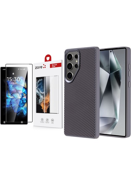 Galaxy S25 Ultra Kılıf Magsafe Şarj Özellikli Karbon Fiber Görünümlü Zore Troy Kapak + Zore Dias Cam Ekran Koruyucu