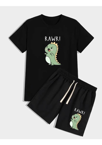 Punıx Kıds Özel Üretim Rawr Yazı Baskılı Yeni Stil Erkek Çocuk T-Shırt Şort Takım