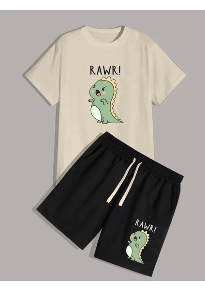 Punıx Kıds Özel Üretim Rawr Yazı Baskılı Yeni Stil Erkek Çocuk T-Shırt Şort Takım