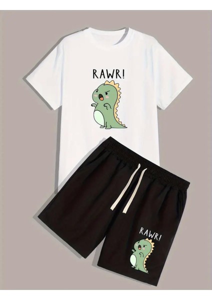 Punıx Kıds Özel Üretim Rawr Yazı Baskılı Yeni Stil Erkek Çocuk T-Shırt Şort Takım