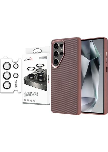 Galaxy S25 Ultra Kılıf Magsafe Şarj Özellikli Karbon Fiber Görünümlü Zore Troy Kapak + Safir Kamera Lens Koruyucu