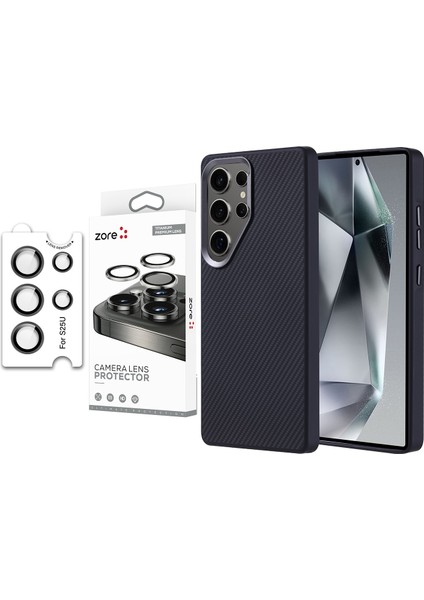 Galaxy S25 Ultra Kılıf Magsafe Şarj Özellikli Karbon Fiber Görünümlü Zore Troy Kapak + Safir Kamera Lens Koruyucu