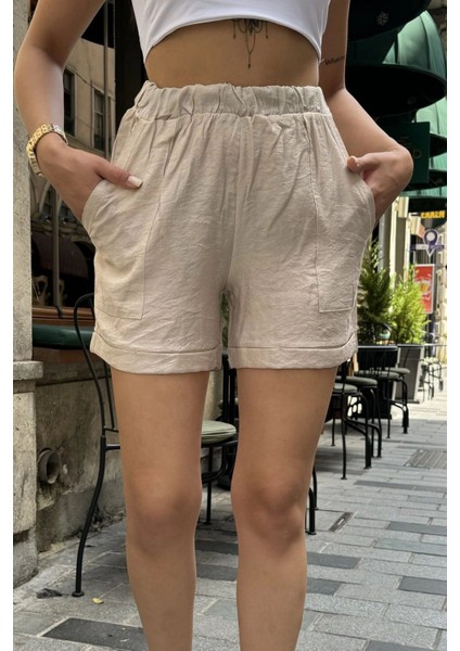 Kadın Bej Rahat Stil Beli Lastikli Duble Paça Keten Şort