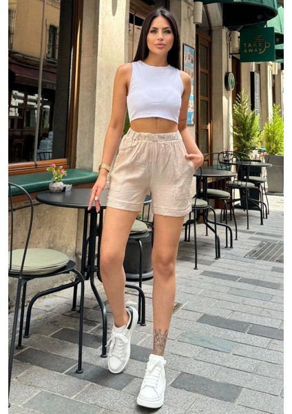 Kadın Bej Rahat Stil Beli Lastikli Duble Paça Keten Şort