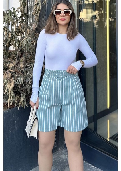 Kadın Mint Kemerli, Yüksek Bel, Pliseli, Rahat Kesim, Gabardin Şort