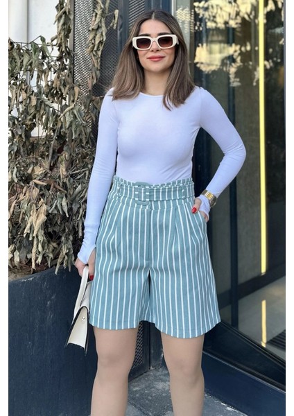 Kadın Mint Kemerli, Yüksek Bel, Pliseli, Rahat Kesim, Gabardin Şort