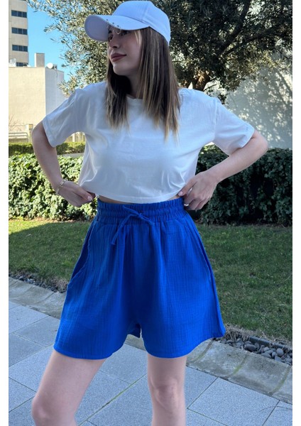 Kadın Saks Cepli, Bağcıklı, Beli Lastikli, Salaş Müslin Şort