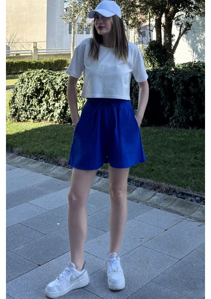 Kadın Saks Cepli, Bağcıklı, Beli Lastikli, Salaş Müslin Şort fiyatları