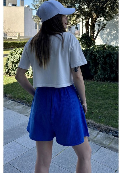 Kadın Saks Cepli, Bağcıklı, Beli Lastikli, Salaş Müslin Şort modelleri