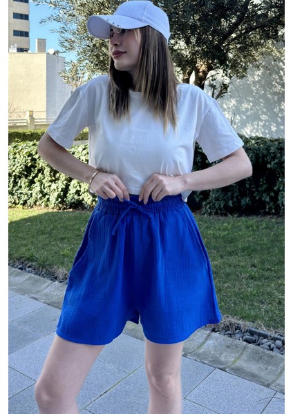 Kadın Saks Cepli, Bağcıklı, Beli Lastikli, Salaş Müslin Şort fırsatları