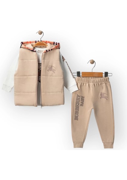 Baby Marka Burberi Desen Yelekli Üçlü Takım Unisex 6-36 Ay