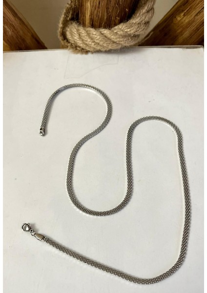 Silver Renk Hasır Örme Unisex Çelik Kolye 65 cm (3mm)