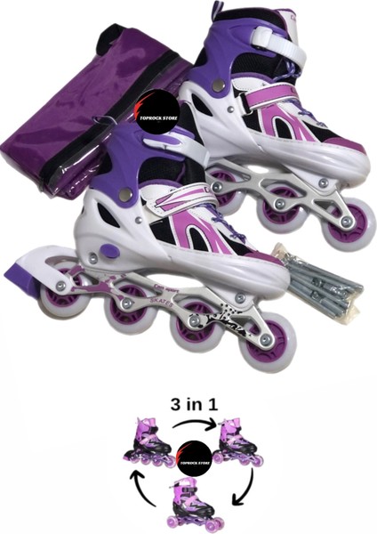 Işıklı Çocuk Pateni Silikon Ayarlanabilir Teker Metal Gövde Numaralı Çantalı 3 In 1