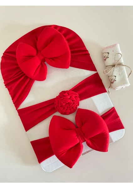 Kız Bebek Fiyonklu Bone Bandana Set / Kız Bebek Saç Bandı / Bebek 3 Lü Saç Aksesuar Seti