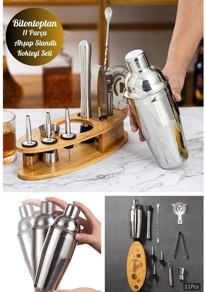 Kokteyl Shaker Seti 11 Parça Paslanmaz Çelik Bambu Standlı Kokteyl Yapma Kiti Bambu Barmenlik Kiti Barmen Seti