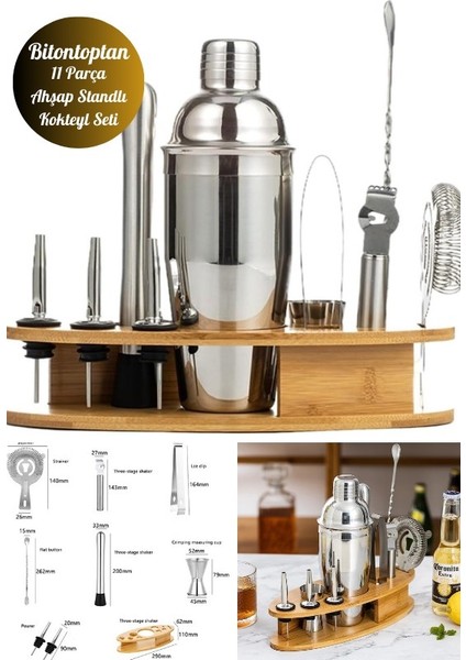 Kokteyl Shaker Seti 11 Parça Paslanmaz Çelik Bambu Standlı Kokteyl Yapma Kiti Bambu Barmenlik Kiti Barmen Seti modelleri
