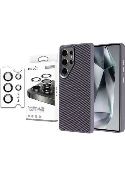 Galaxy S25 Ultra Kılıf Magsafe Şarj Özellikli Karbon Fiber Görünümlü Zore Troy Kapak + Safir Kamera Lens Koruyucu